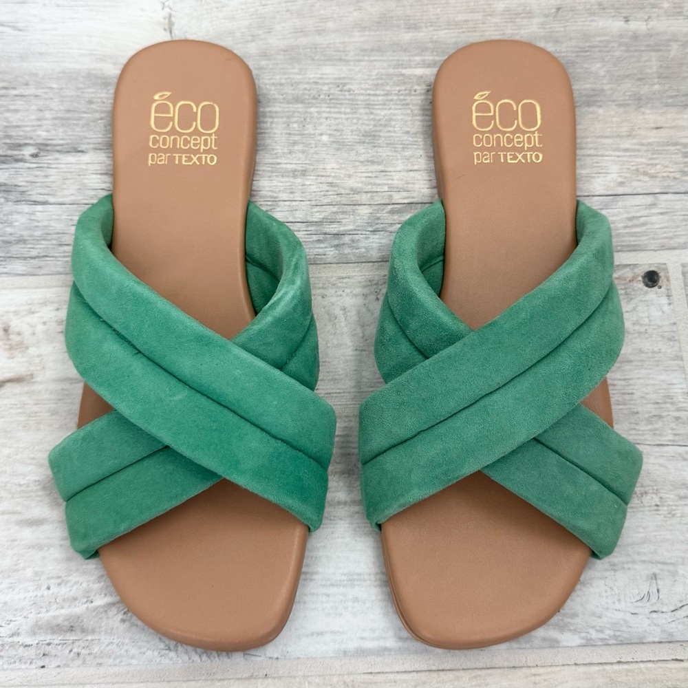 Texto Green Suede Crossover Puffy Strap Slide Sandals